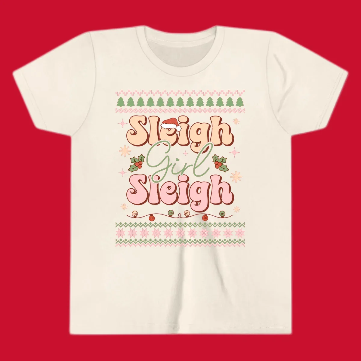 Sleigh Girl Sleigh retro groovy Christmas design with Santa hat, holly, and snowflakes.