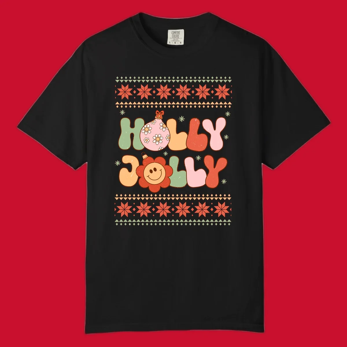Retro Christmas holly jolly text design with ornaments and smiley flowers.