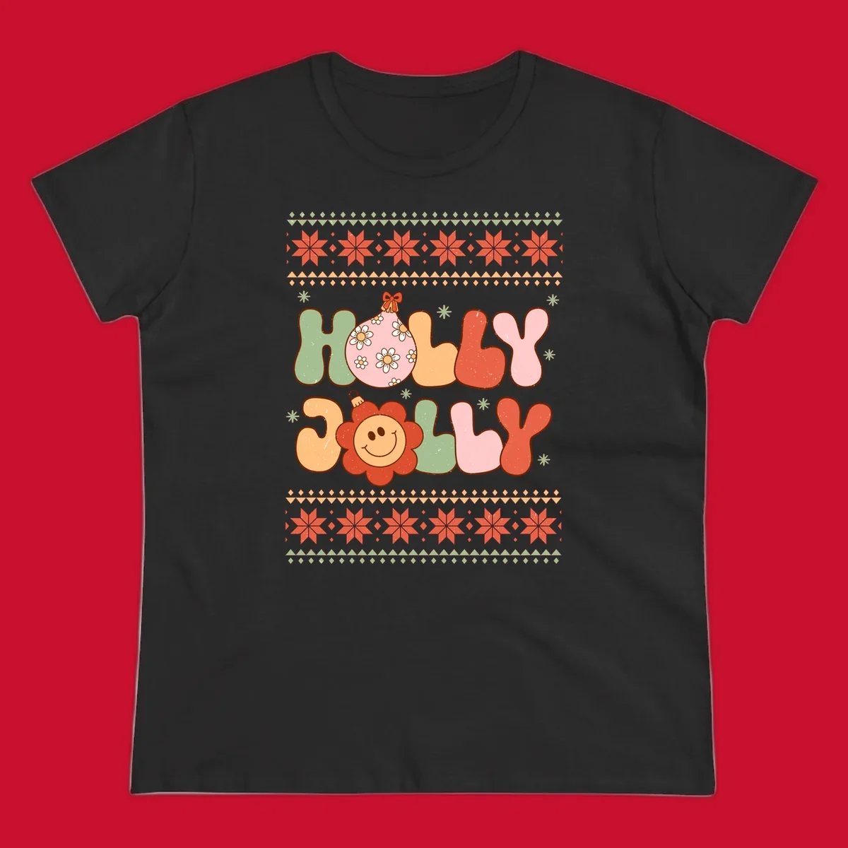 Retro Christmas holly jolly text design with ornaments and smiley flowers.