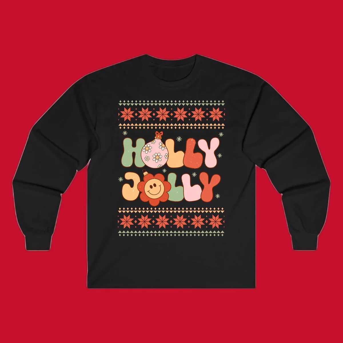Retro Christmas holly jolly text design with ornaments and smiley flowers.