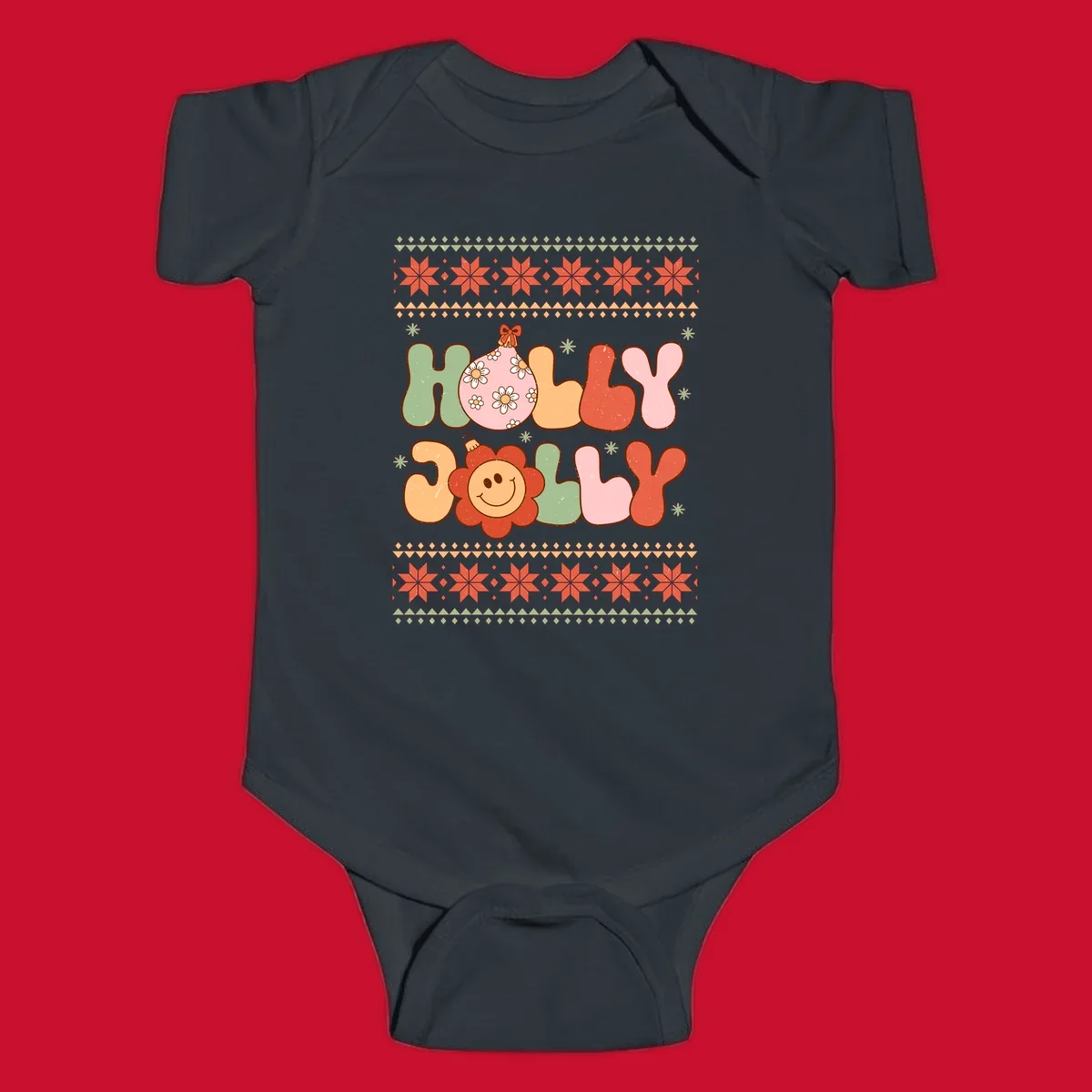 Retro Christmas holly jolly text design with ornaments and smiley flowers.
