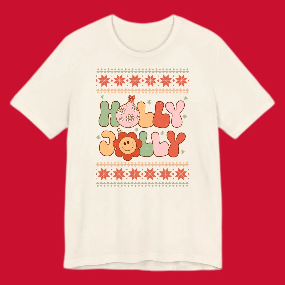 Retro Christmas holly jolly text design with ornaments and smiley flowers.