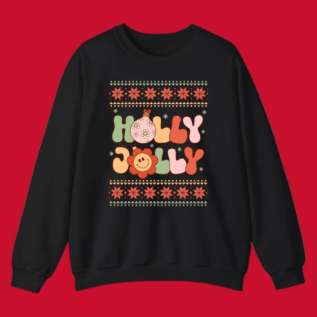 Retro Christmas holly jolly text design with ornaments and smiley flowers.