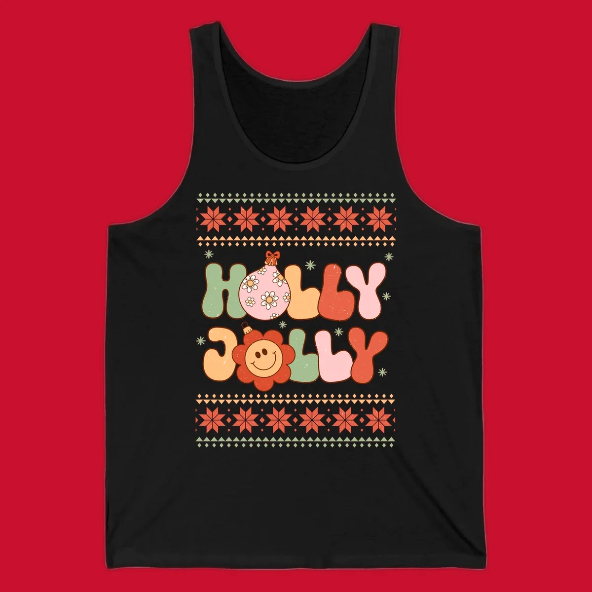 Retro Christmas holly jolly text design with ornaments and smiley flowers.