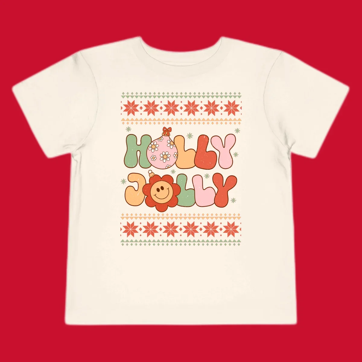 Retro Christmas holly jolly text design with ornaments and smiley flowers.