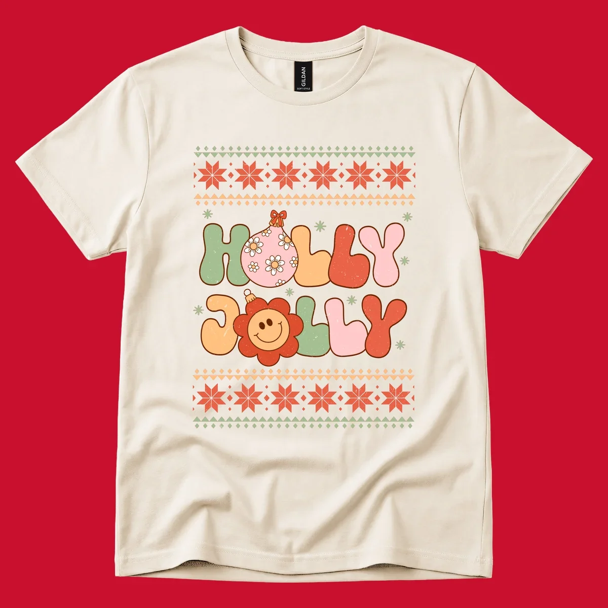 Retro Christmas holly jolly text design with ornaments and smiley flowers.