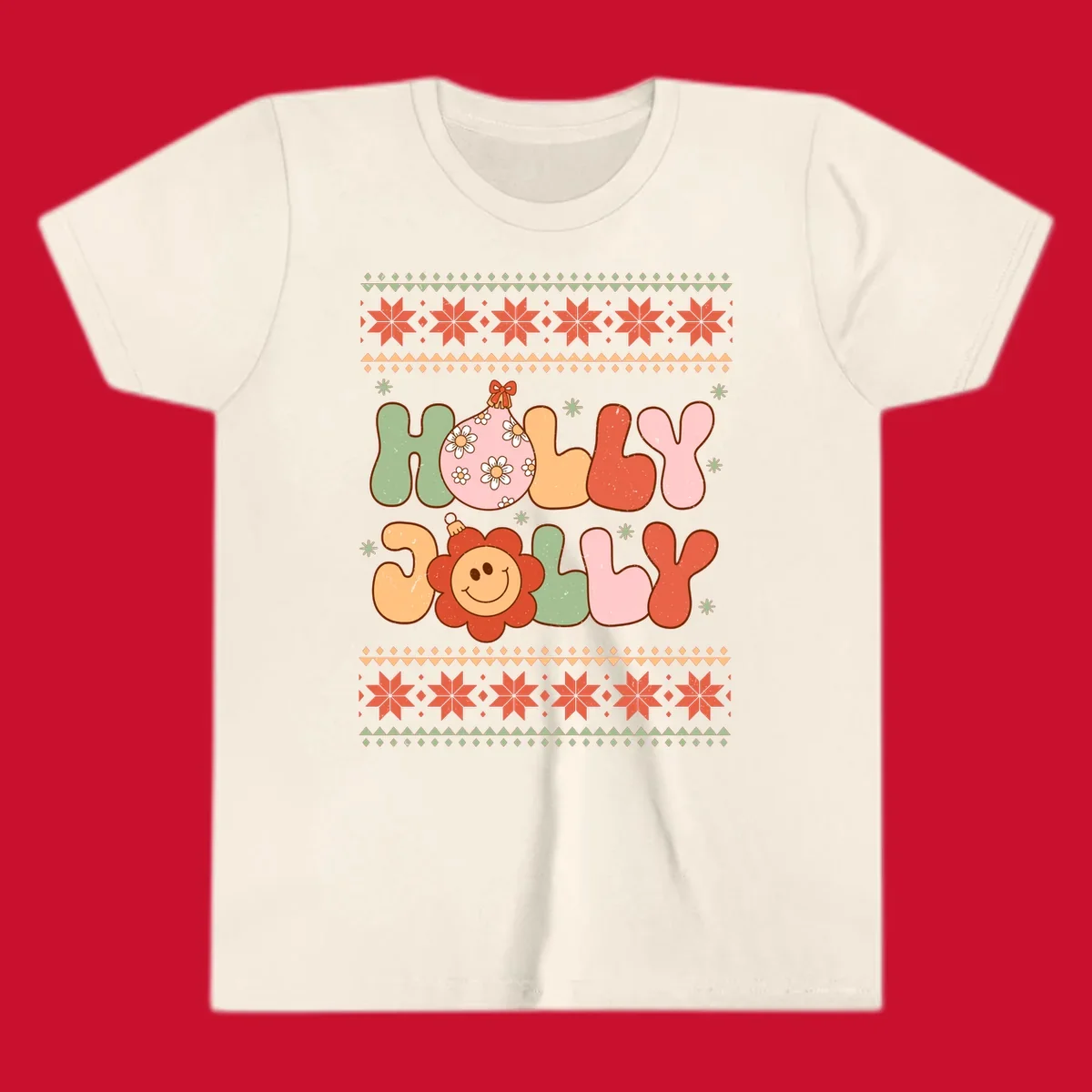 Retro Christmas holly jolly text design with ornaments and smiley flowers.