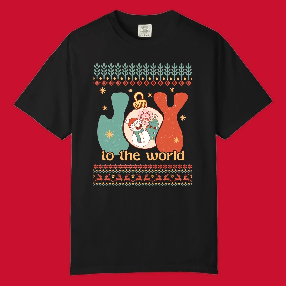 Retro holiday JOY to the world design with snowman, peace sign, and Christmas tree.