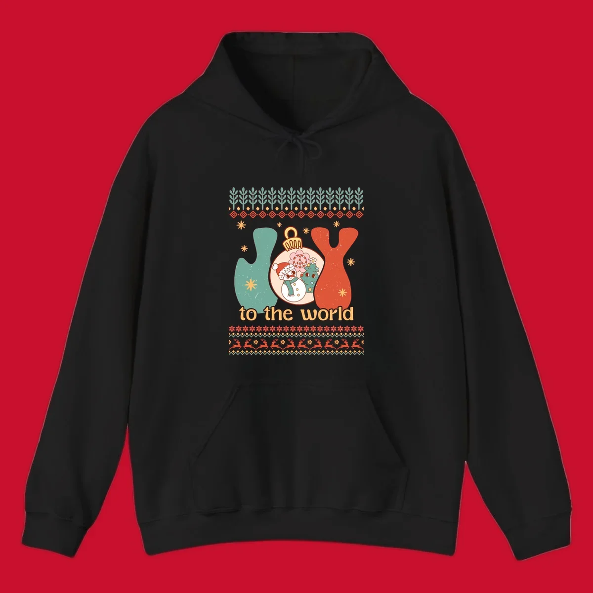 Retro holiday JOY to the world design with snowman, peace sign, and Christmas tree.
