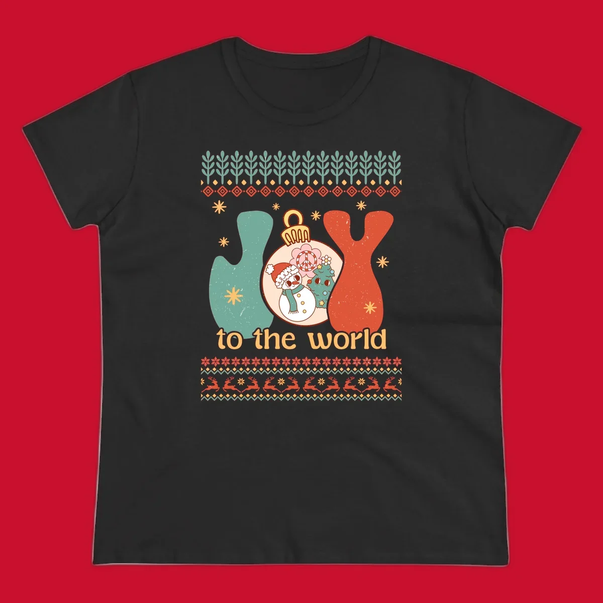 Retro holiday JOY to the world design with snowman, peace sign, and Christmas tree.