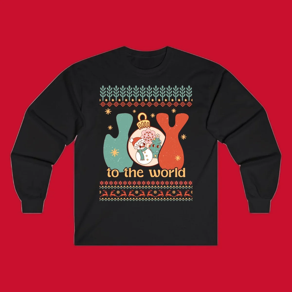 Retro holiday JOY to the world design with snowman, peace sign, and Christmas tree.