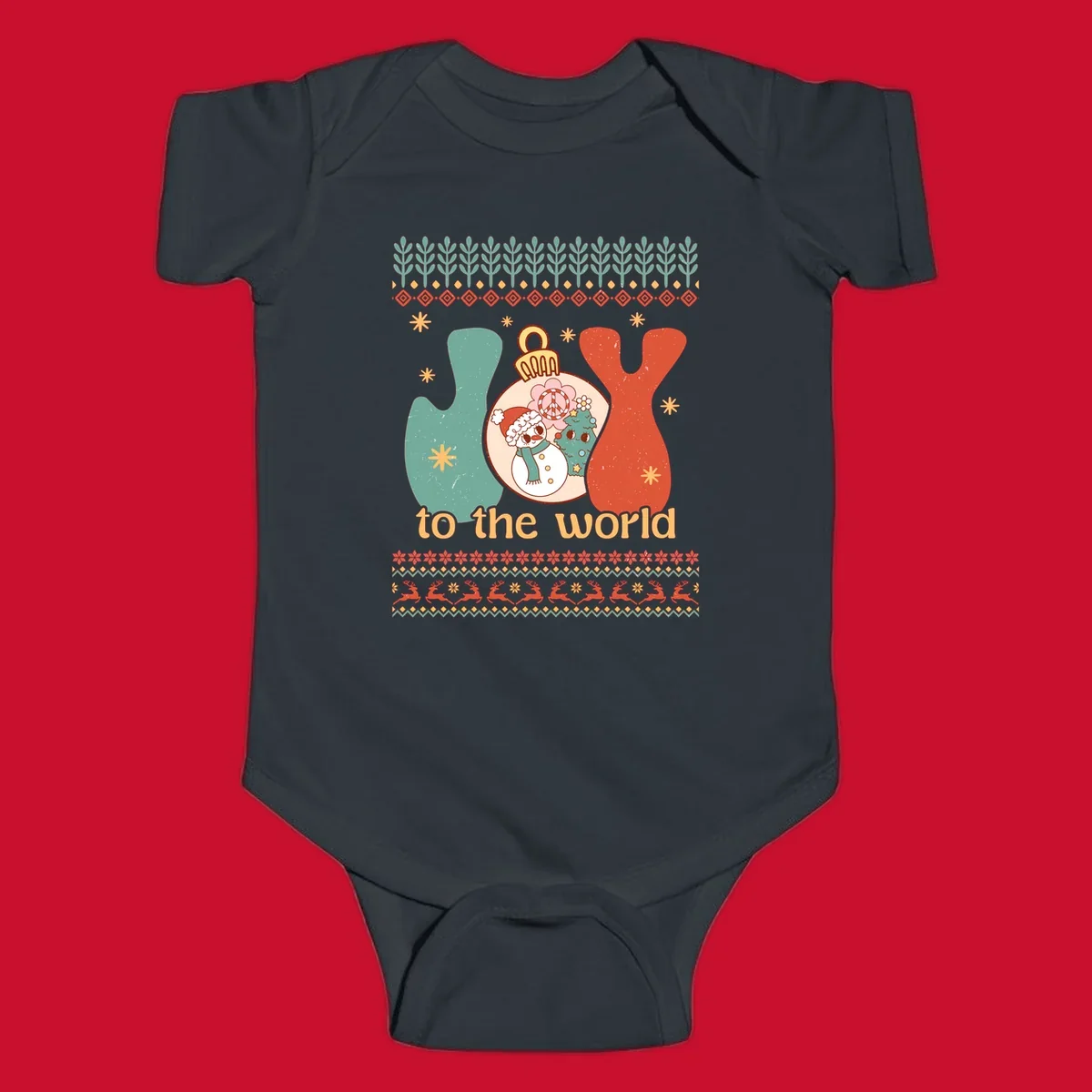 Retro holiday JOY to the world design with snowman, peace sign, and Christmas tree.
