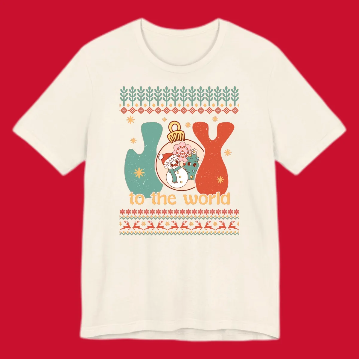 Retro holiday JOY to the world design with snowman, peace sign, and Christmas tree.
