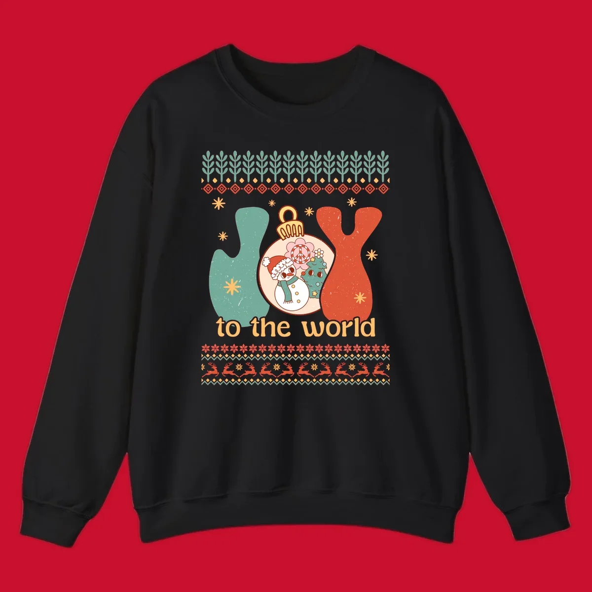Retro holiday JOY to the world design with snowman, peace sign, and Christmas tree.