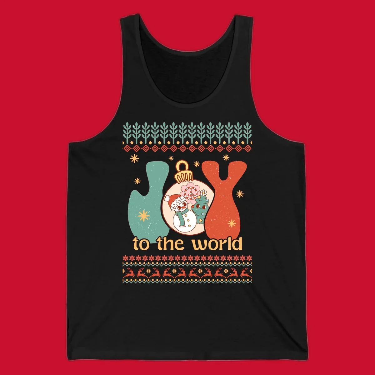 Retro holiday JOY to the world design with snowman, peace sign, and Christmas tree.