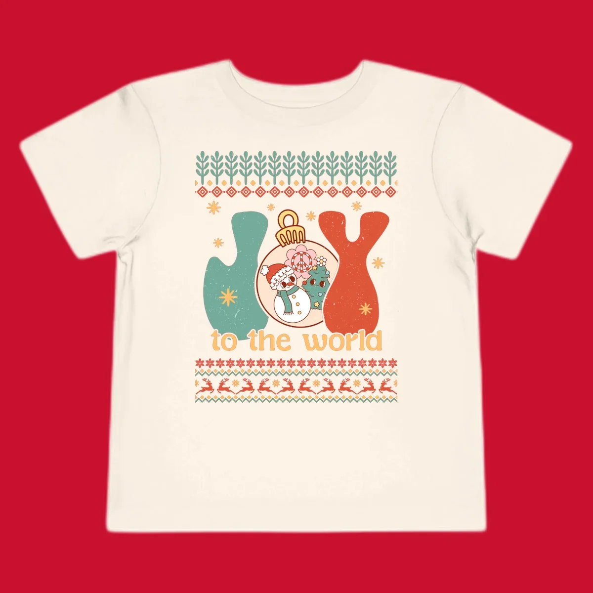 Retro holiday JOY to the world design with snowman, peace sign, and Christmas tree.