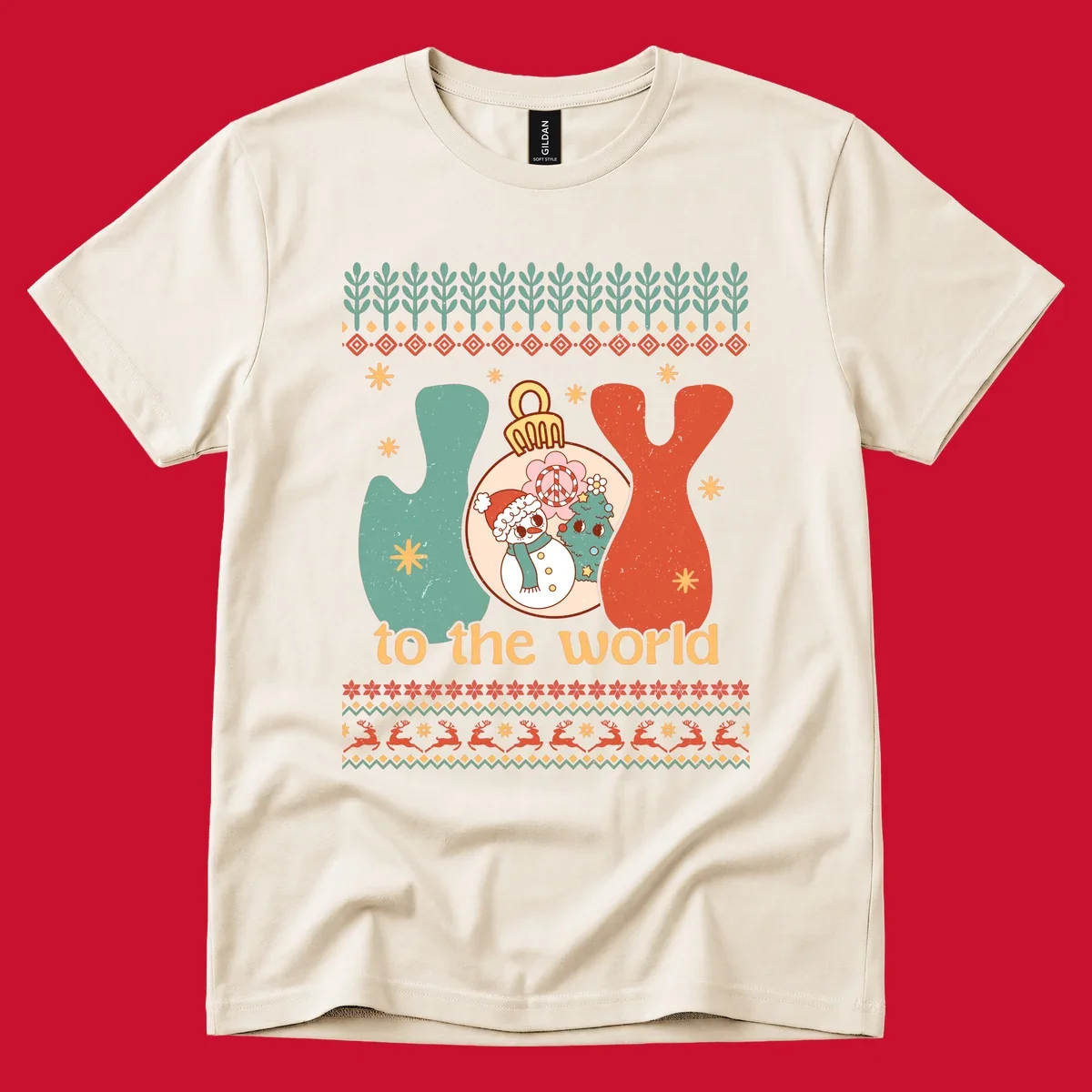 Retro holiday JOY to the world design with snowman, peace sign, and Christmas tree.