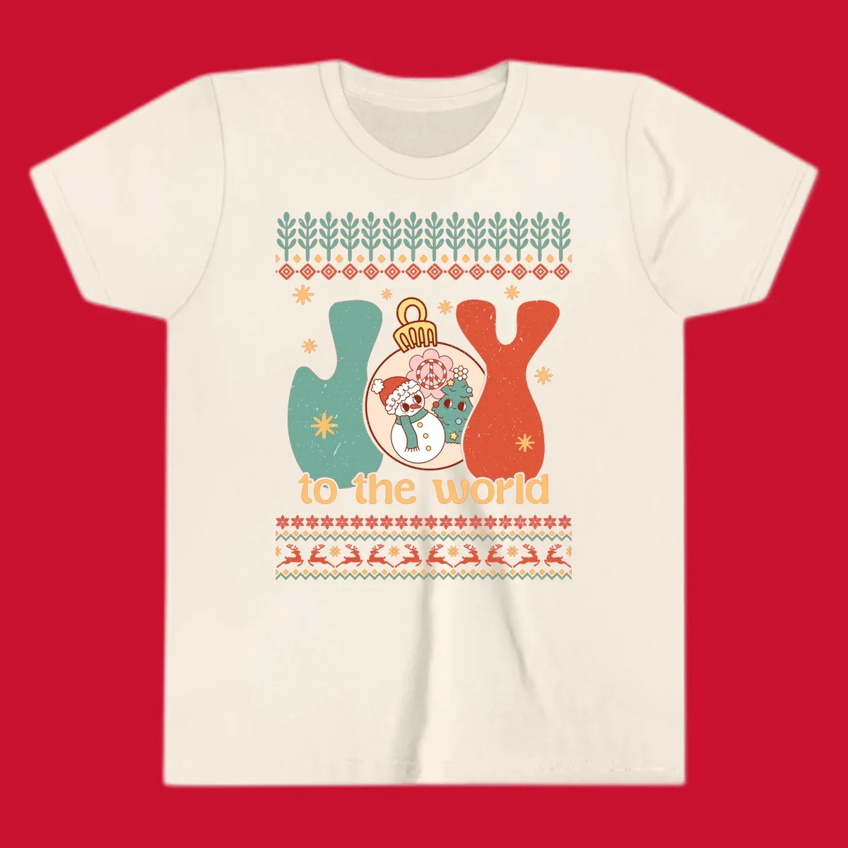 Retro holiday JOY to the world design with snowman, peace sign, and Christmas tree.