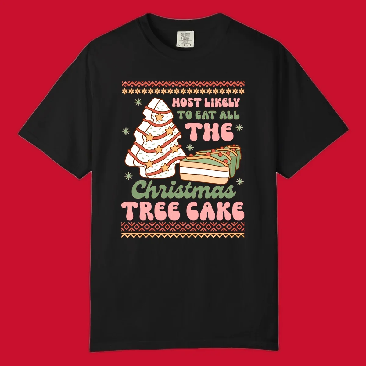 Retro illustration of a Christmas tree cake and slices of cake with text 'Most Likely To Eat All The Christmas Tree Cake'.