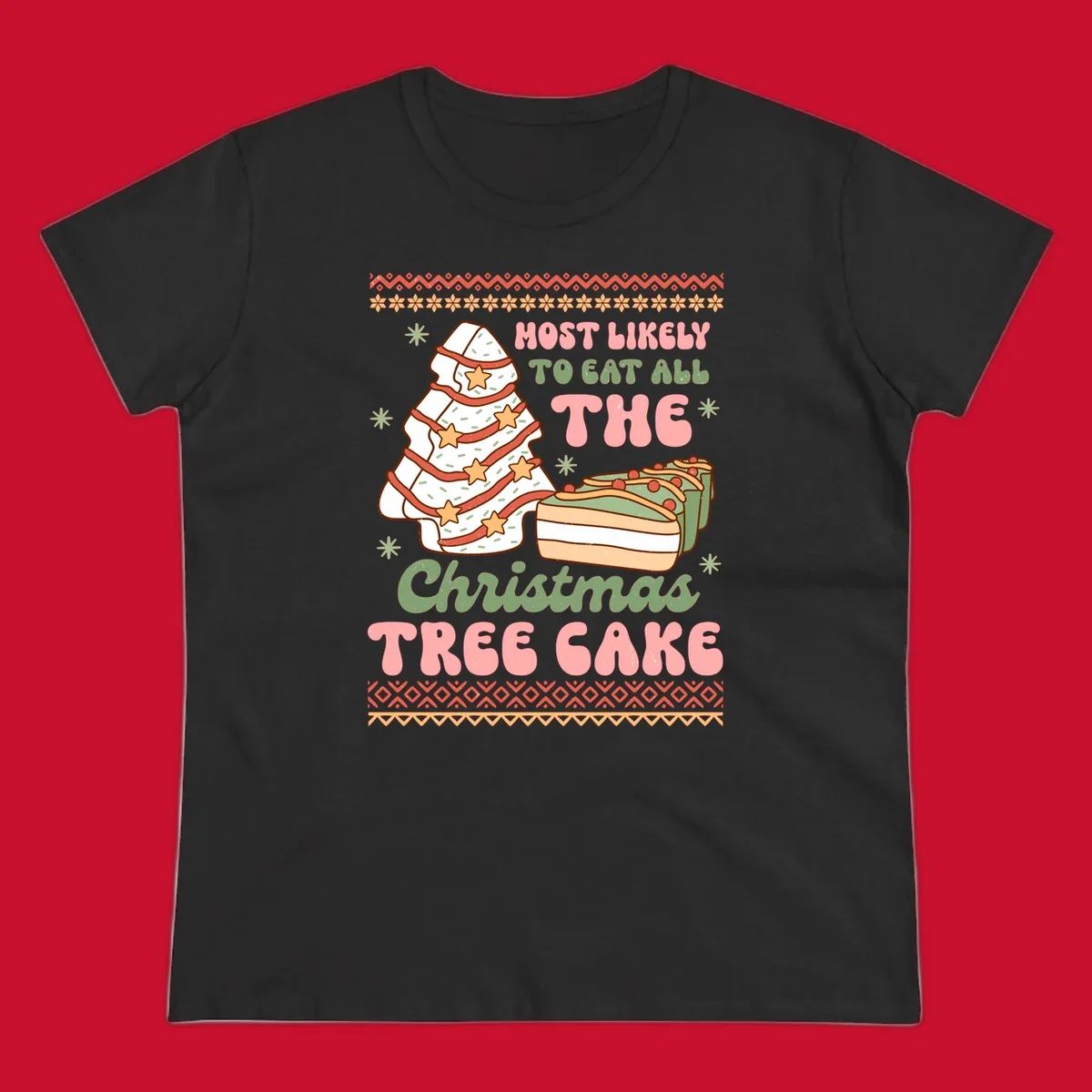 Retro illustration of a Christmas tree cake and slices of cake with text 'Most Likely To Eat All The Christmas Tree Cake'.