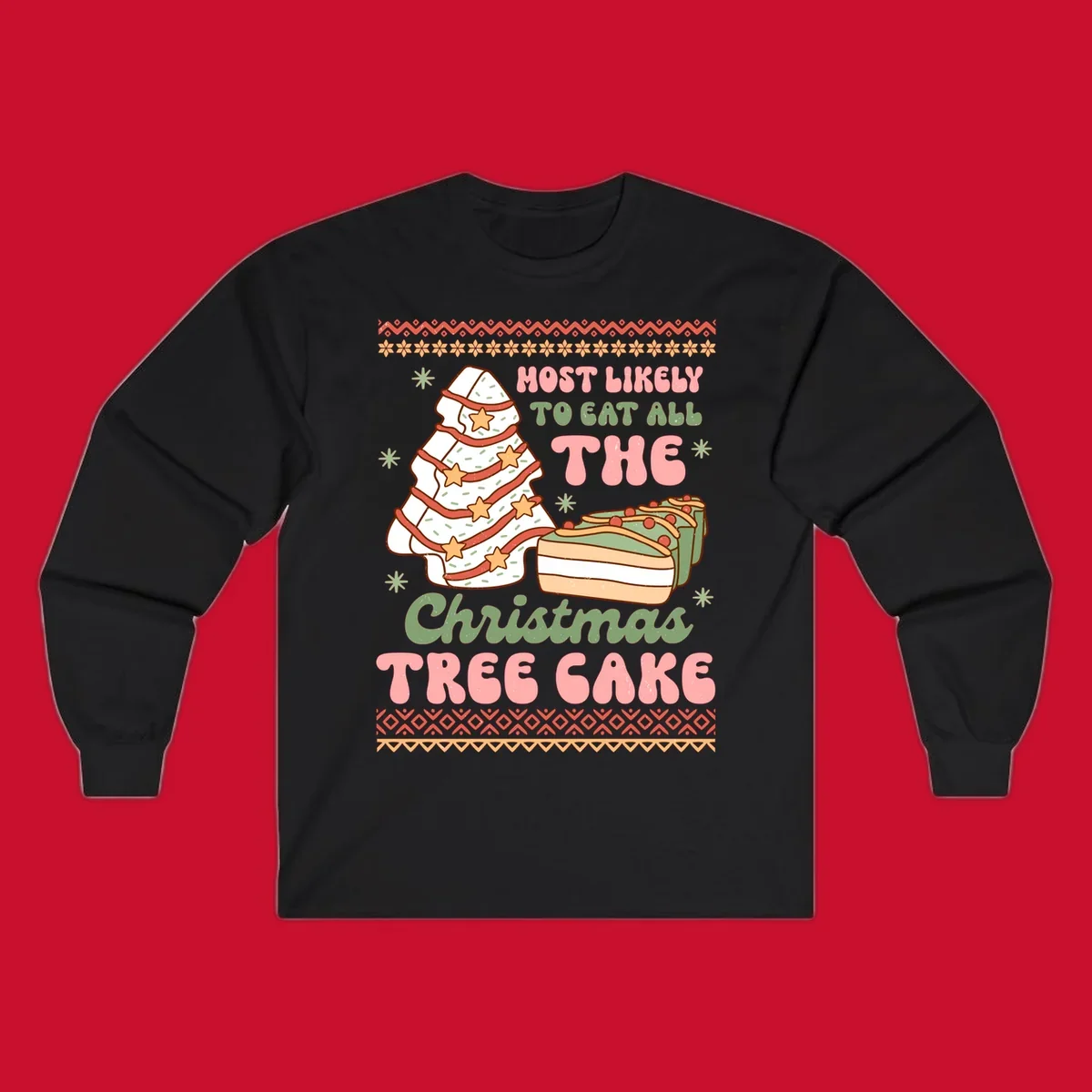 Retro illustration of a Christmas tree cake and slices of cake with text 'Most Likely To Eat All The Christmas Tree Cake'.