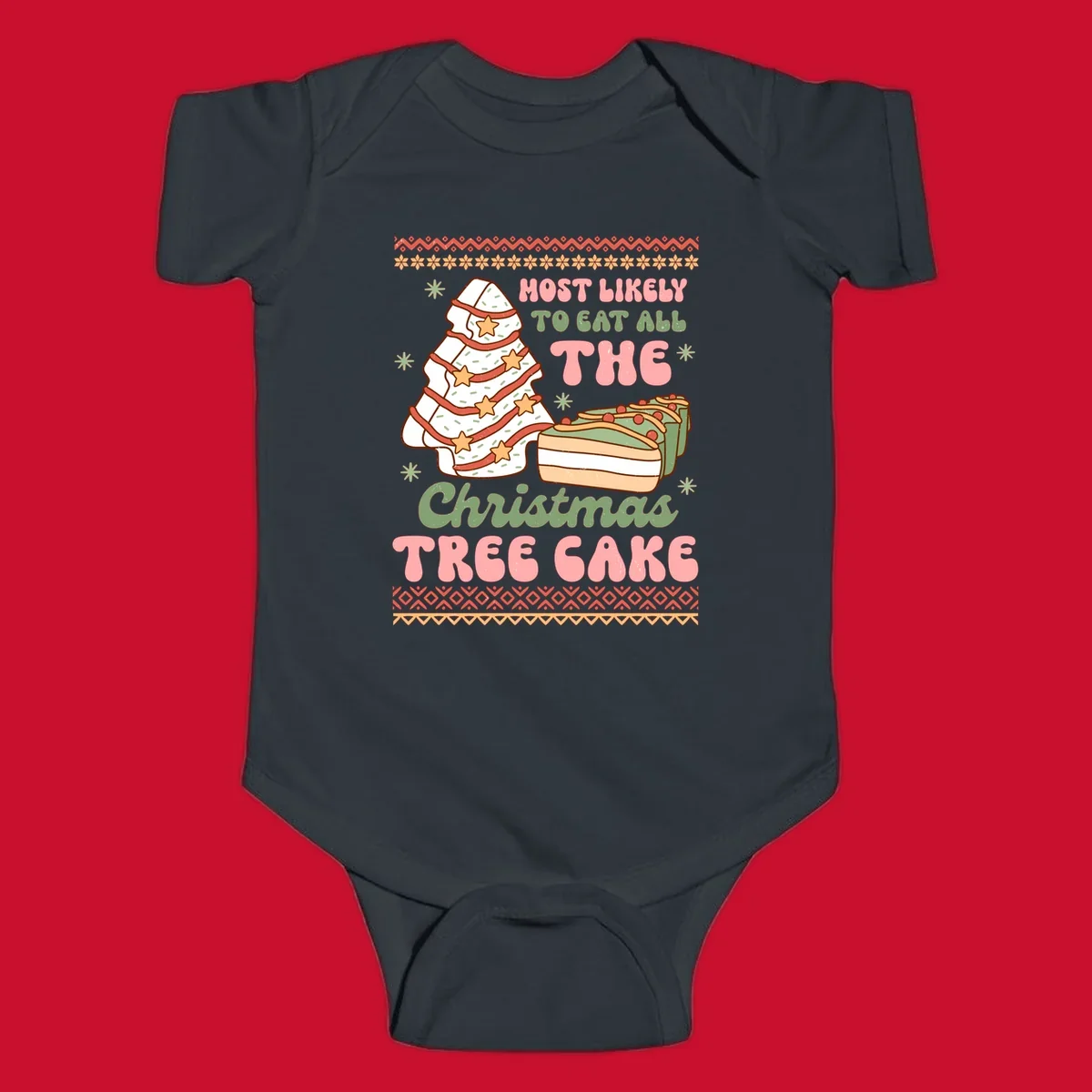 Retro illustration of a Christmas tree cake and slices of cake with text 'Most Likely To Eat All The Christmas Tree Cake'.