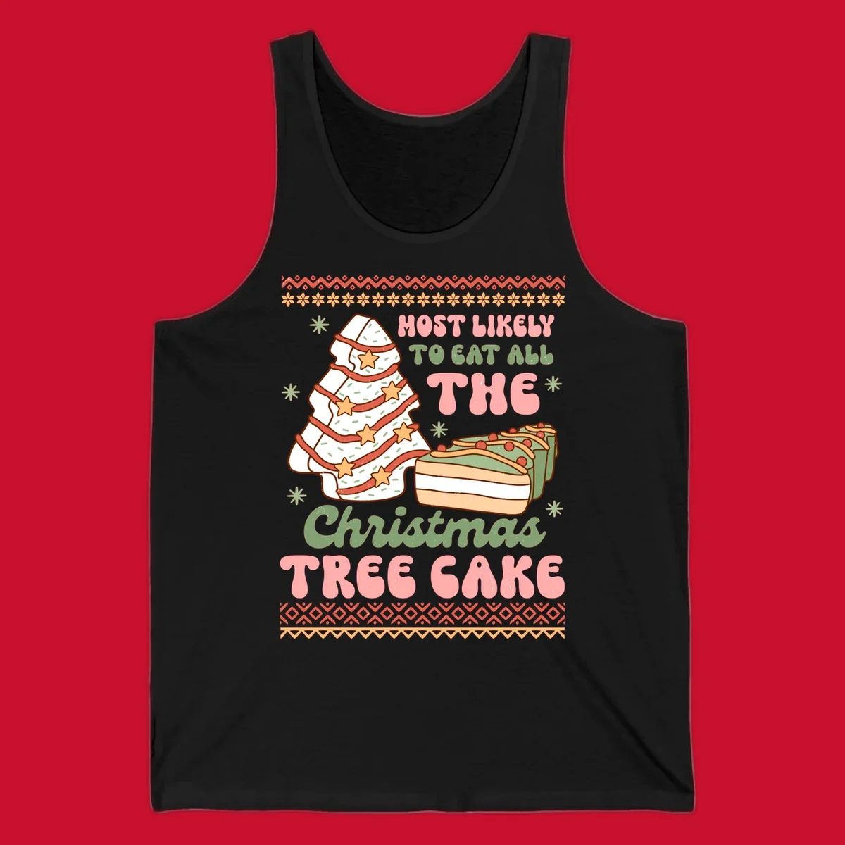 Retro illustration of a Christmas tree cake and slices of cake with text 'Most Likely To Eat All The Christmas Tree Cake'.