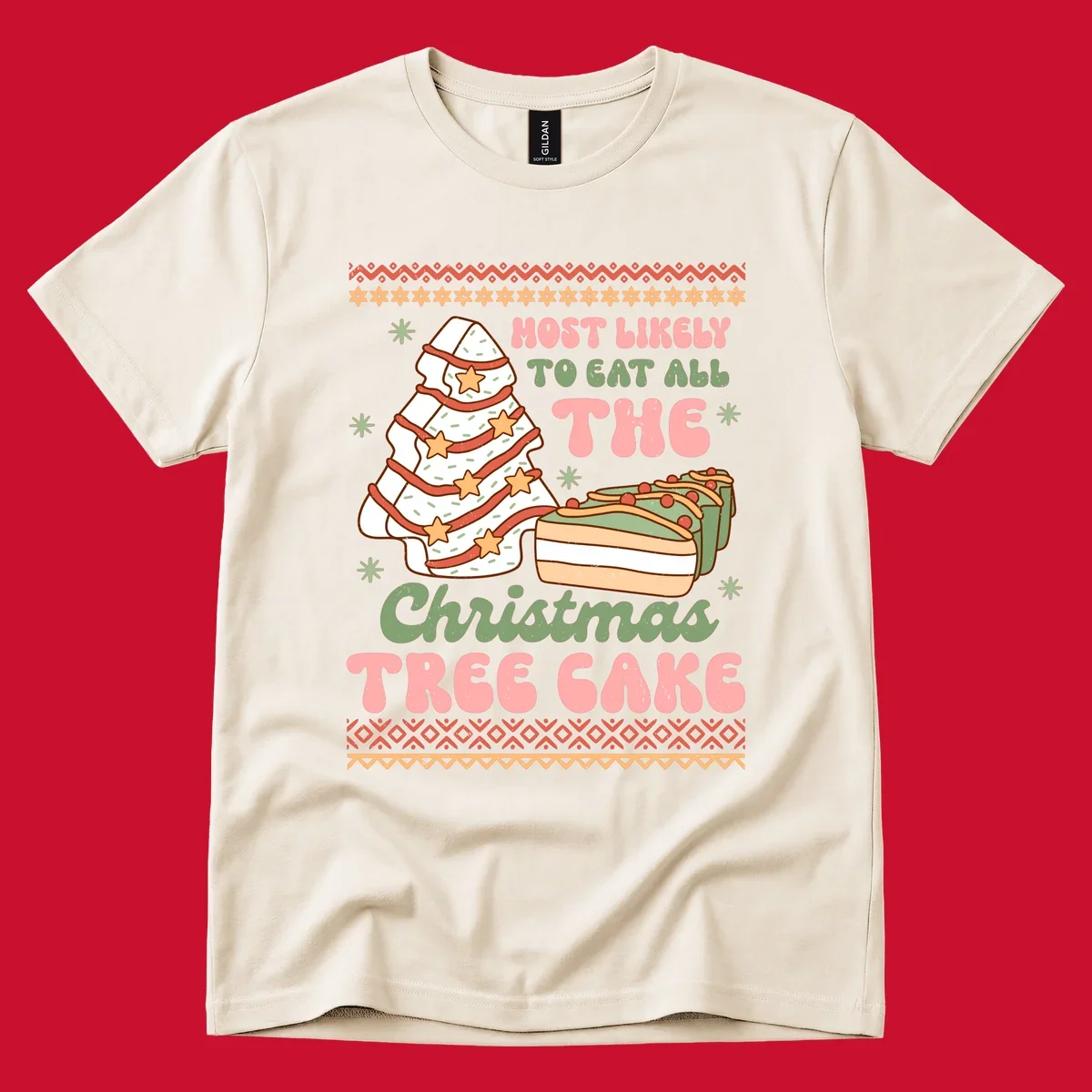 Retro illustration of a Christmas tree cake and slices of cake with text 'Most Likely To Eat All The Christmas Tree Cake'.