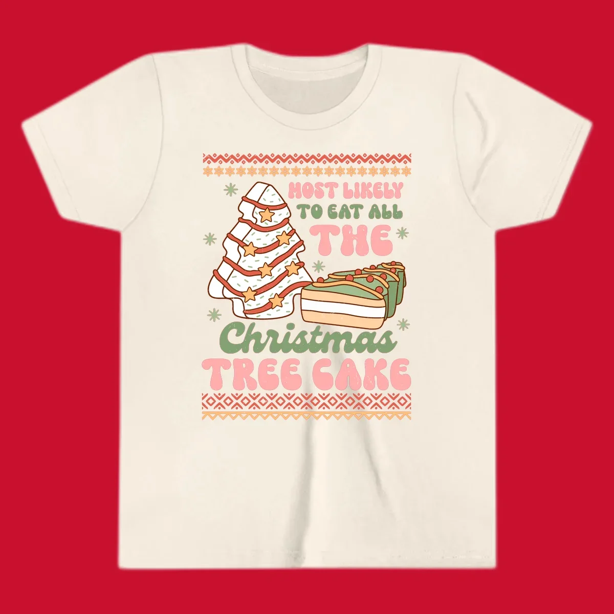 Retro illustration of a Christmas tree cake and slices of cake with text 'Most Likely To Eat All The Christmas Tree Cake'.