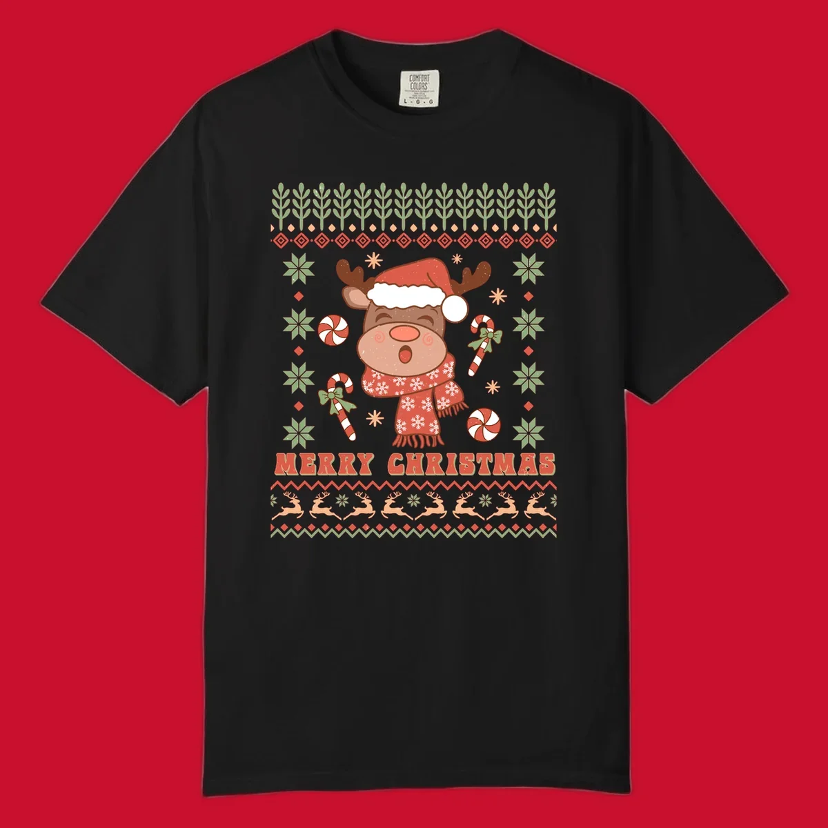 Christmas reindeer ugly sweater with santa hat, candy canes, and Merry Christmas text.