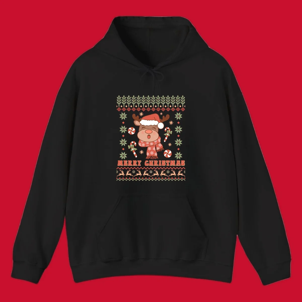 Christmas reindeer ugly sweater with santa hat, candy canes, and Merry Christmas text.