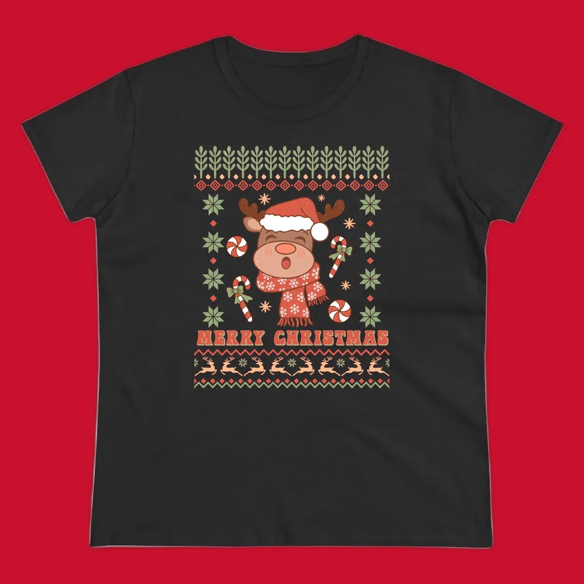 Christmas reindeer ugly sweater with santa hat, candy canes, and Merry Christmas text.