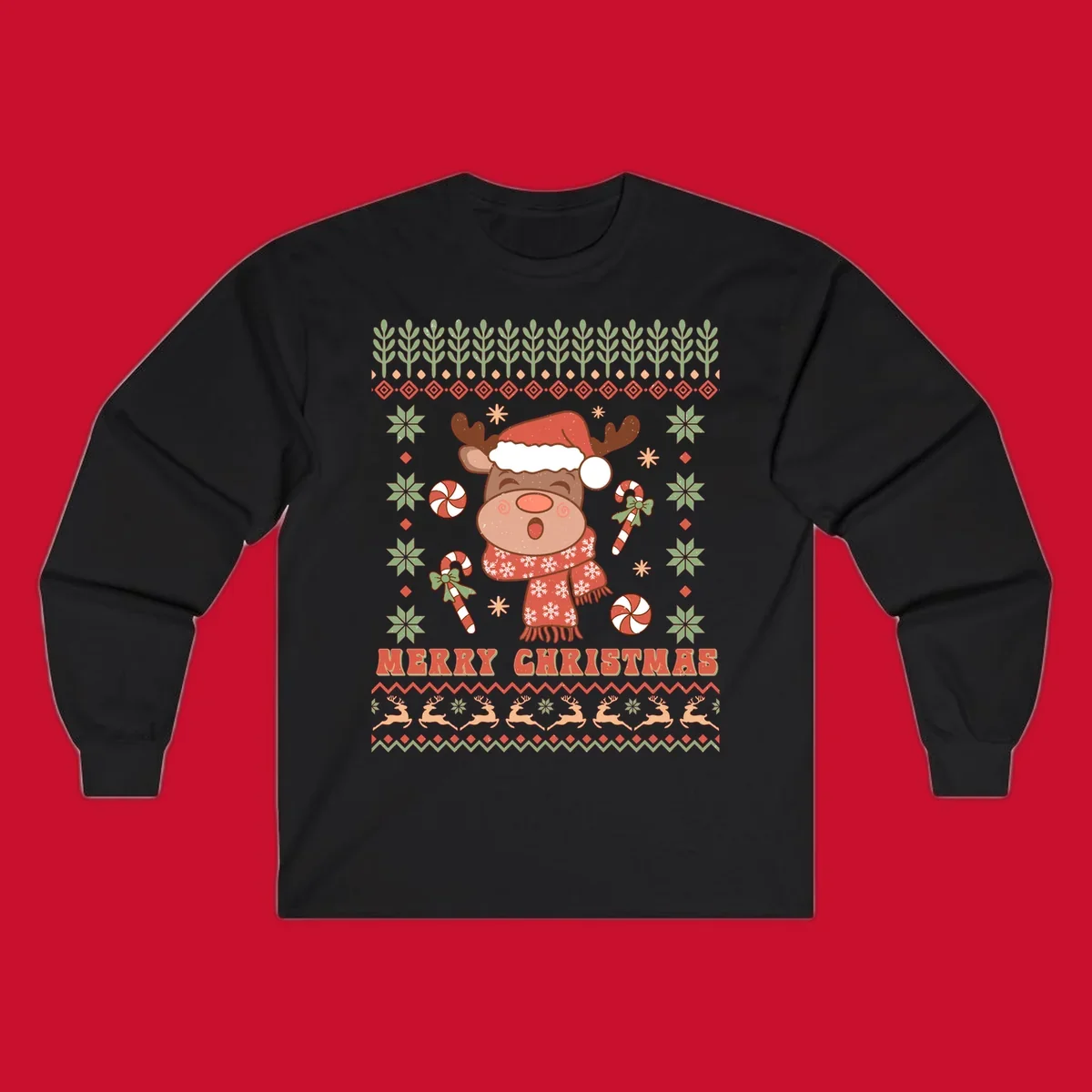 Christmas reindeer ugly sweater with santa hat, candy canes, and Merry Christmas text.