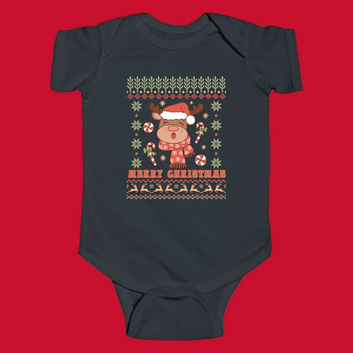 Christmas reindeer ugly sweater with santa hat, candy canes, and Merry Christmas text.