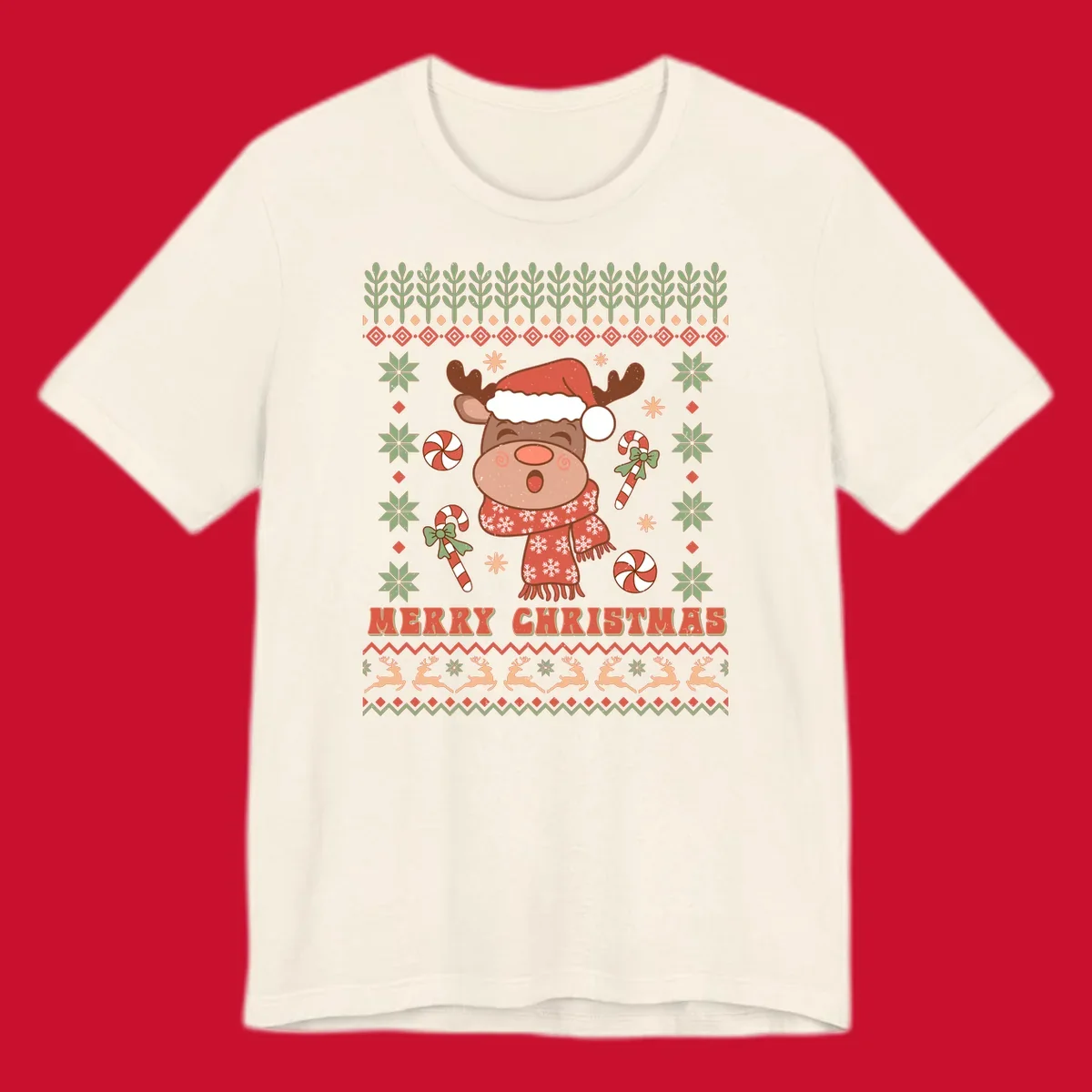 Christmas reindeer ugly sweater with santa hat, candy canes, and Merry Christmas text.