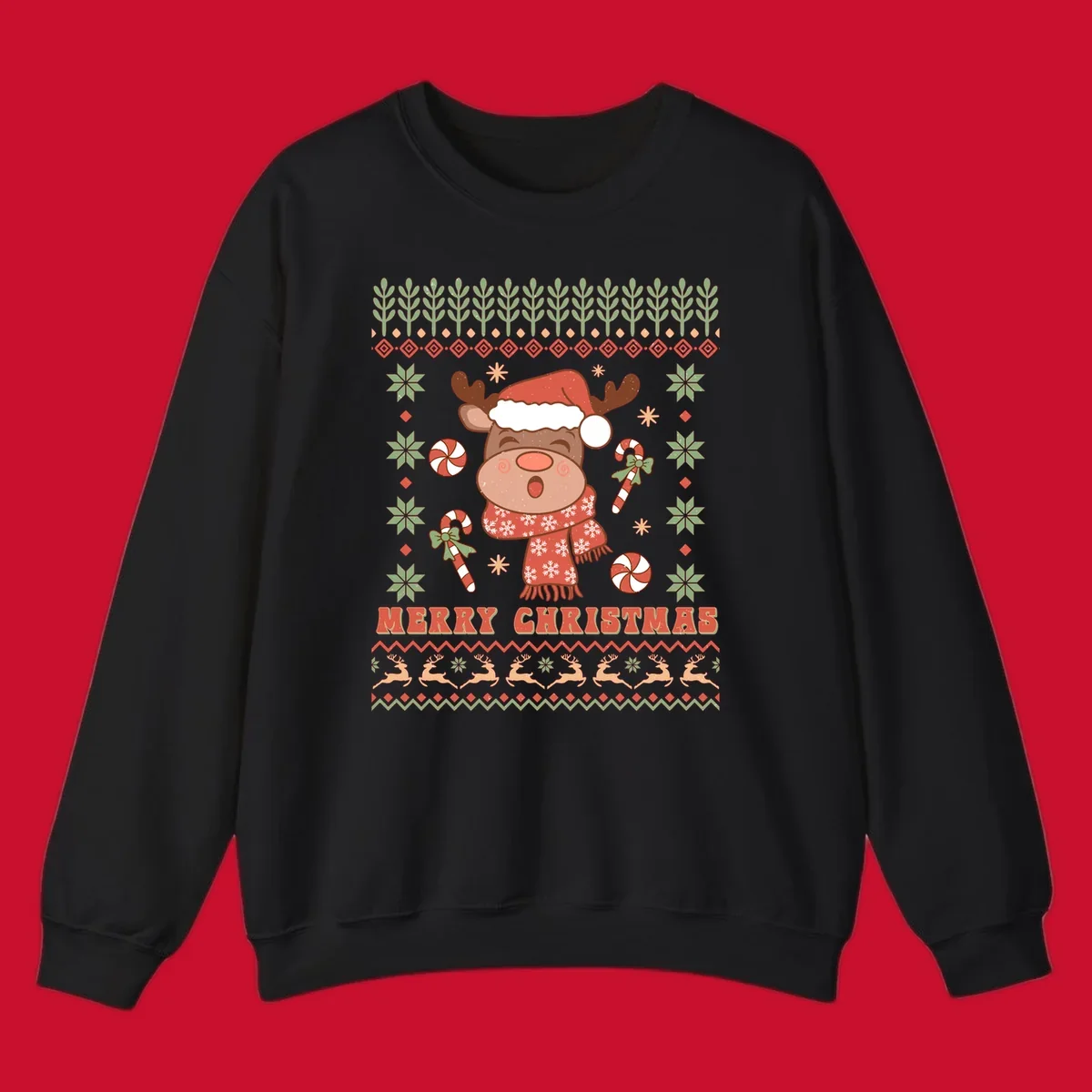 Christmas reindeer ugly sweater with santa hat, candy canes, and Merry Christmas text.