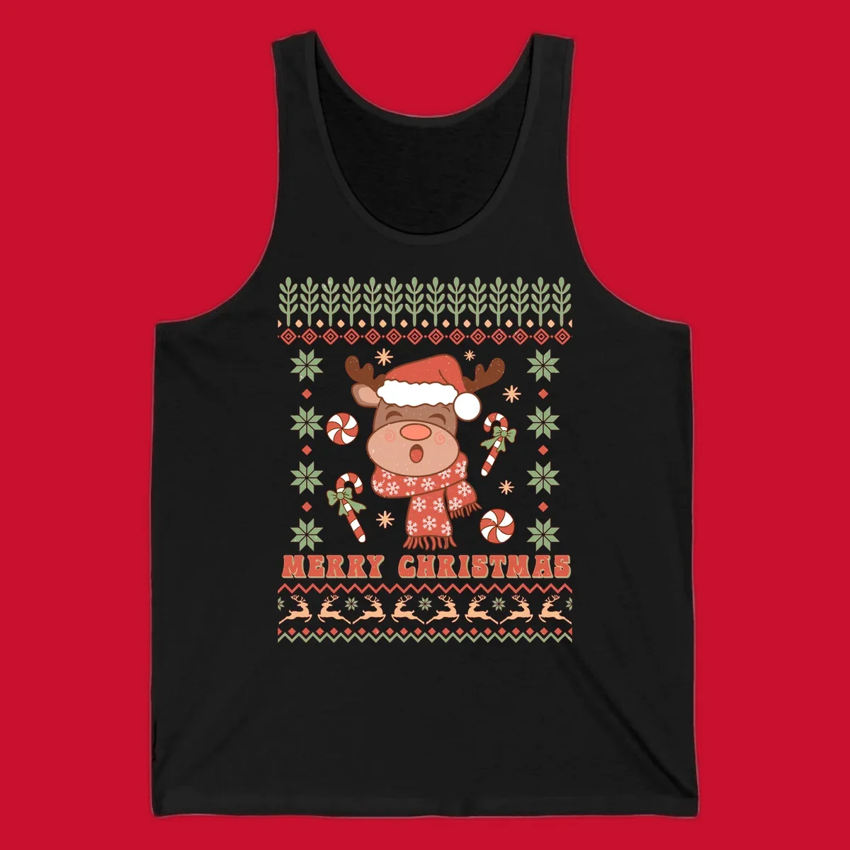 Christmas reindeer ugly sweater with santa hat, candy canes, and Merry Christmas text.