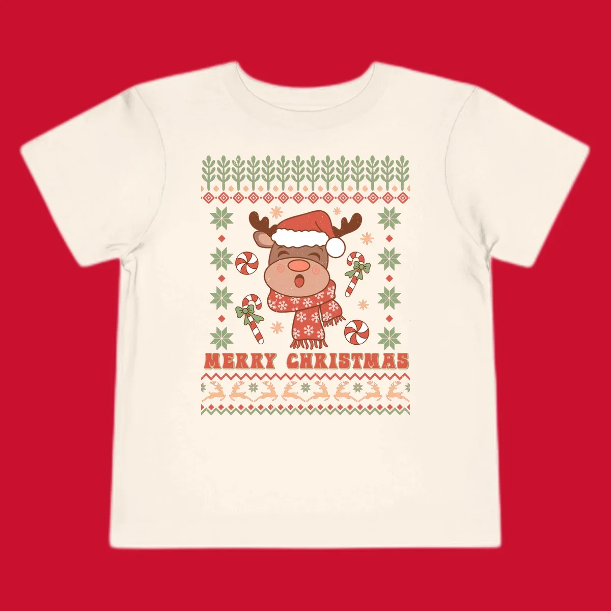 Christmas reindeer ugly sweater with santa hat, candy canes, and Merry Christmas text.