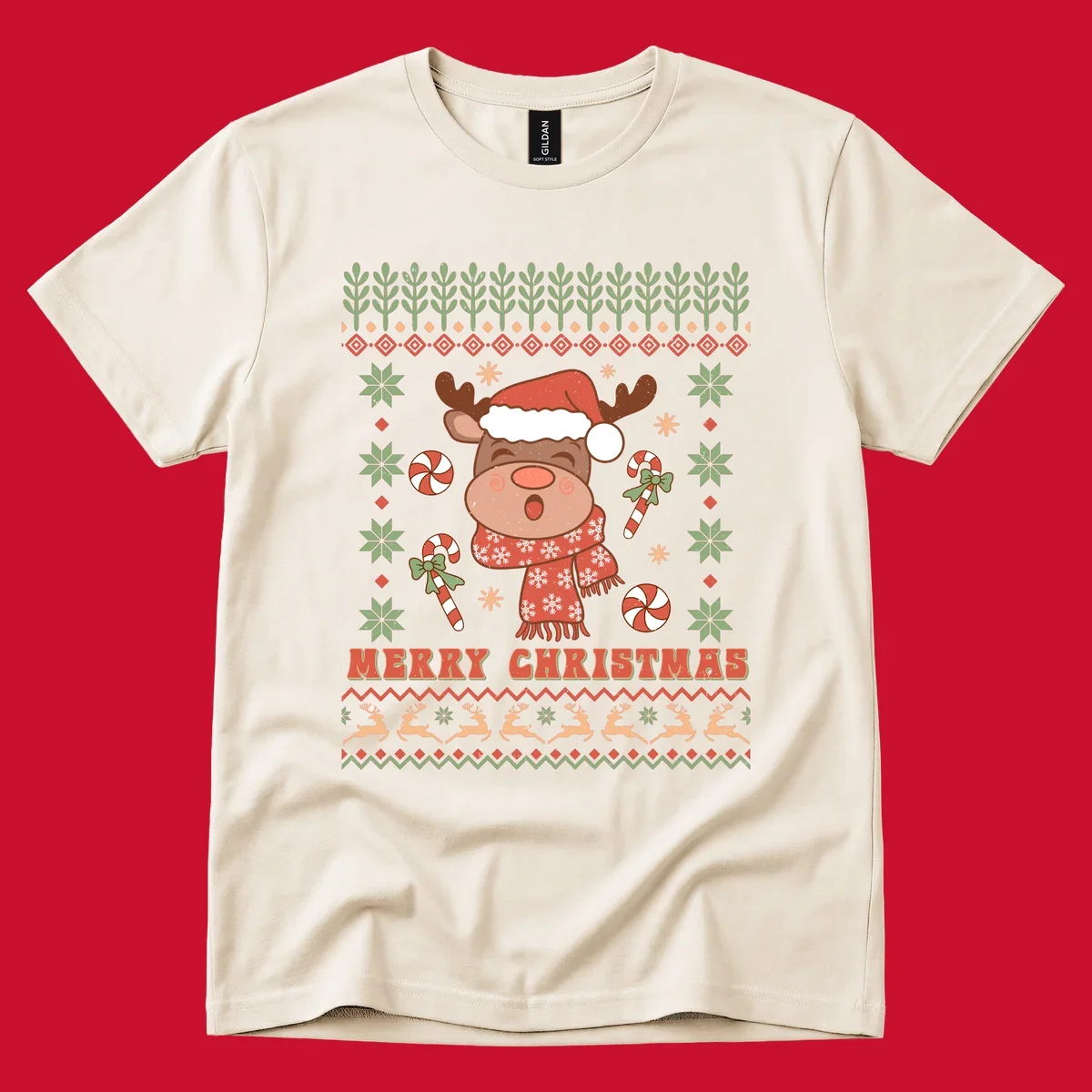 Christmas reindeer ugly sweater with santa hat, candy canes, and Merry Christmas text.