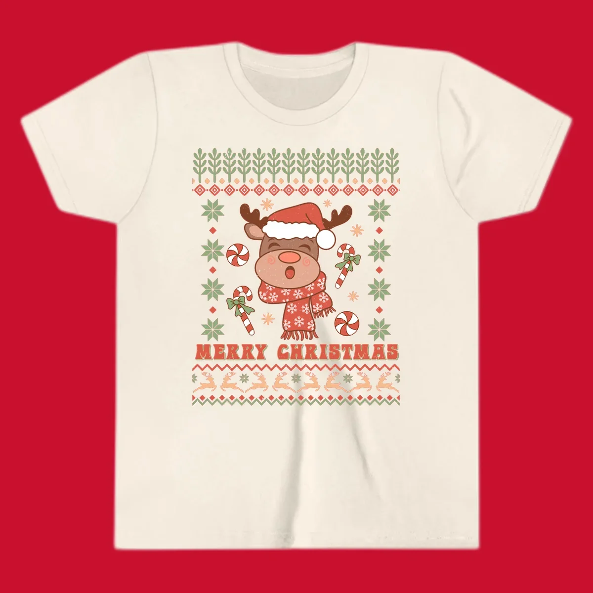 Christmas reindeer ugly sweater with santa hat, candy canes, and Merry Christmas text.