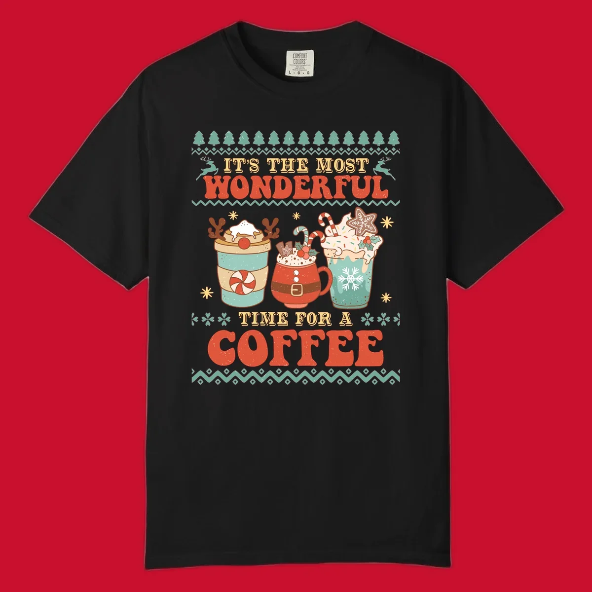 Christmas coffee time design with retro text and festive drinks. Holiday ugly sweater pattern.