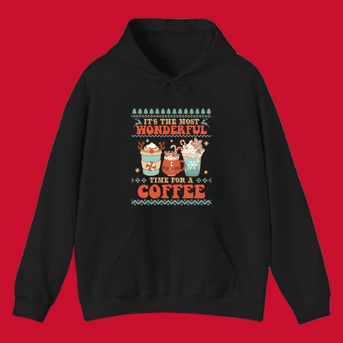 Christmas coffee time design with retro text and festive drinks. Holiday ugly sweater pattern.