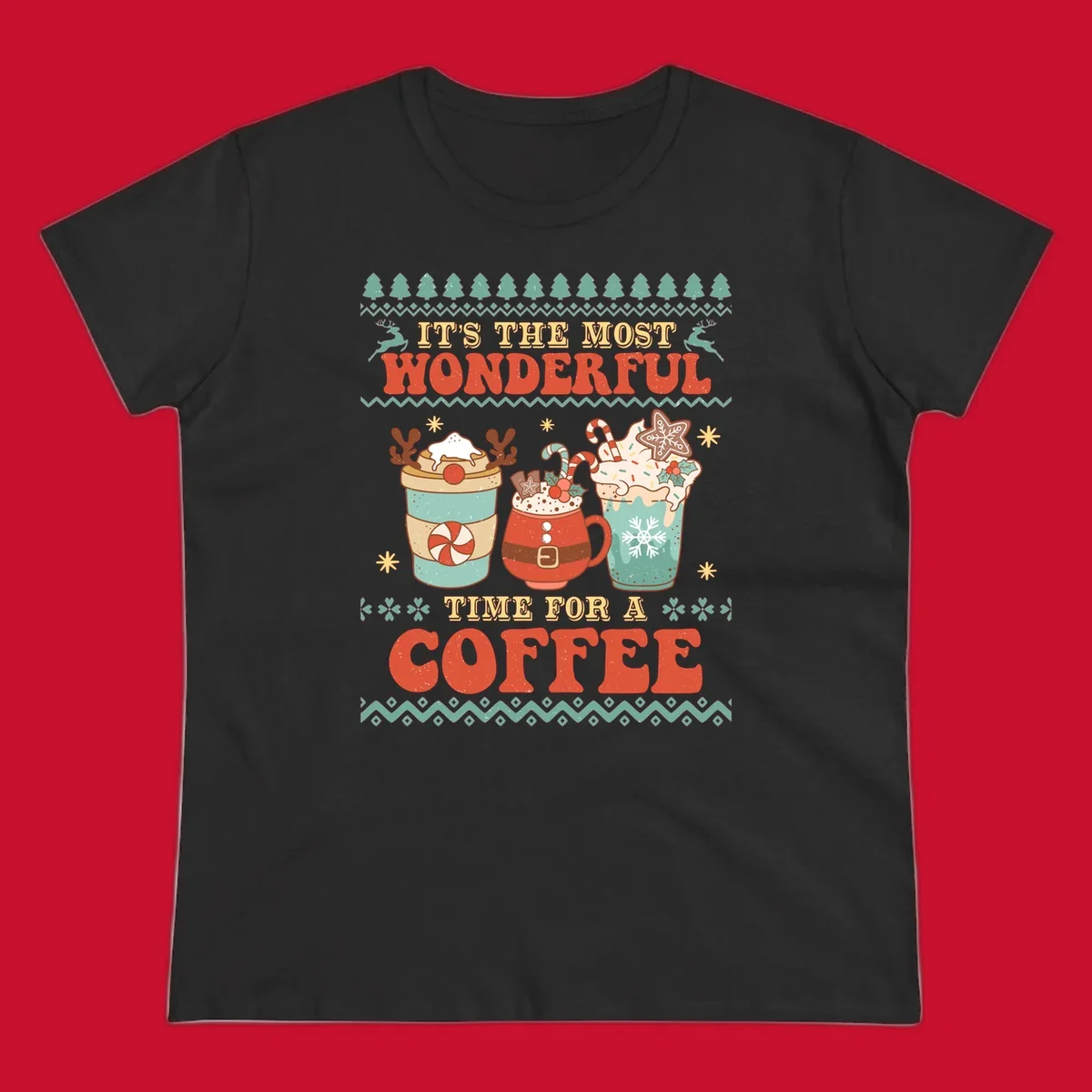 Christmas coffee time design with retro text and festive drinks. Holiday ugly sweater pattern.