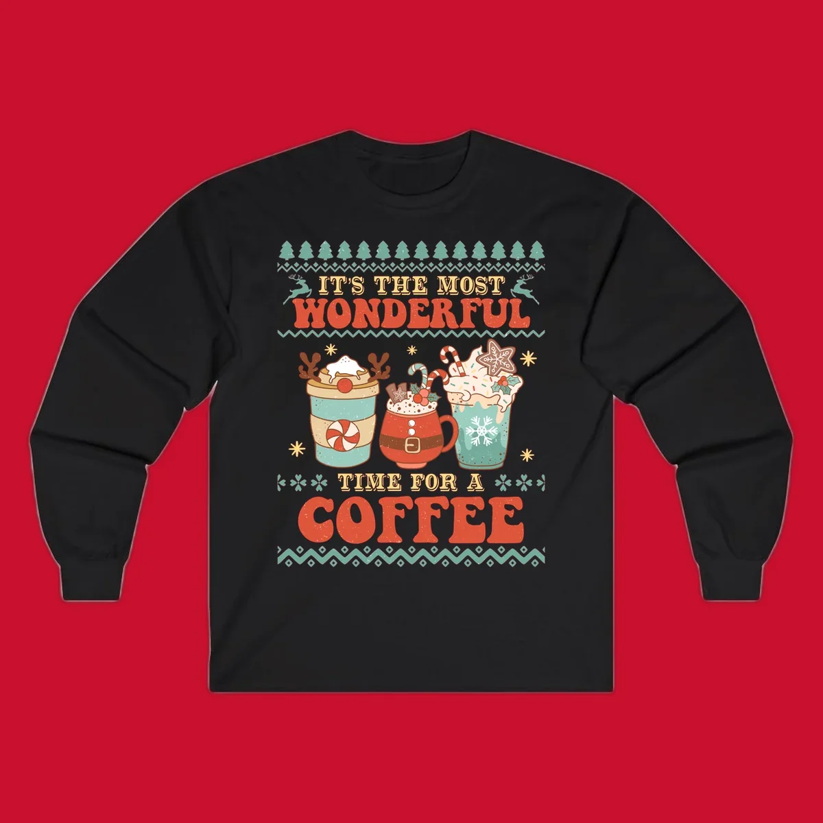Christmas coffee time design with retro text and festive drinks. Holiday ugly sweater pattern.