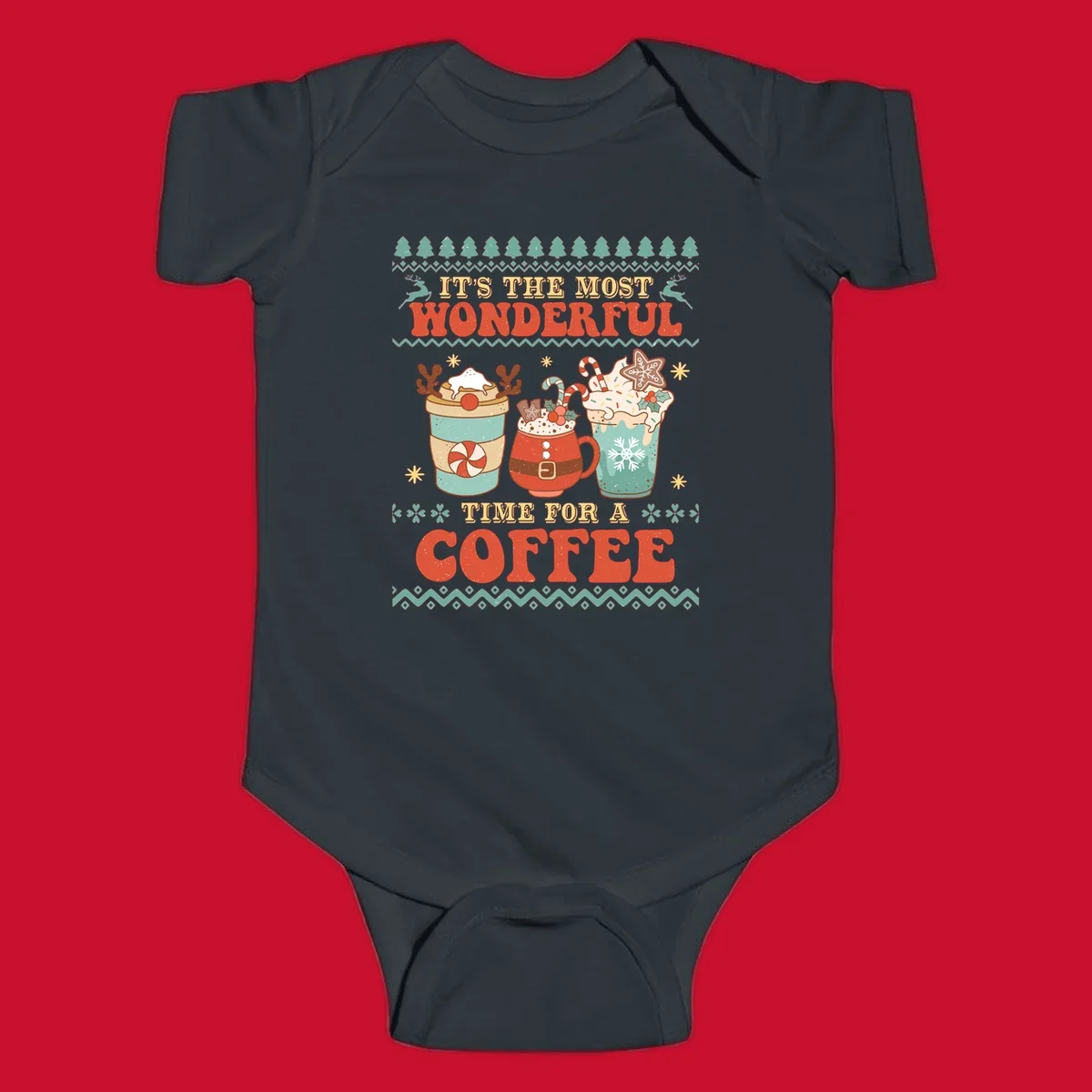 Christmas coffee time design with retro text and festive drinks. Holiday ugly sweater pattern.