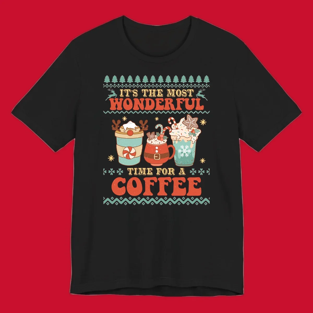 Christmas coffee time design with retro text and festive drinks. Holiday ugly sweater pattern.