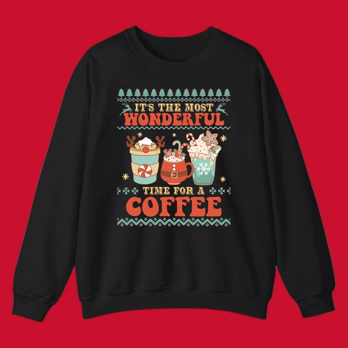 Christmas coffee time design with retro text and festive drinks. Holiday ugly sweater pattern.
