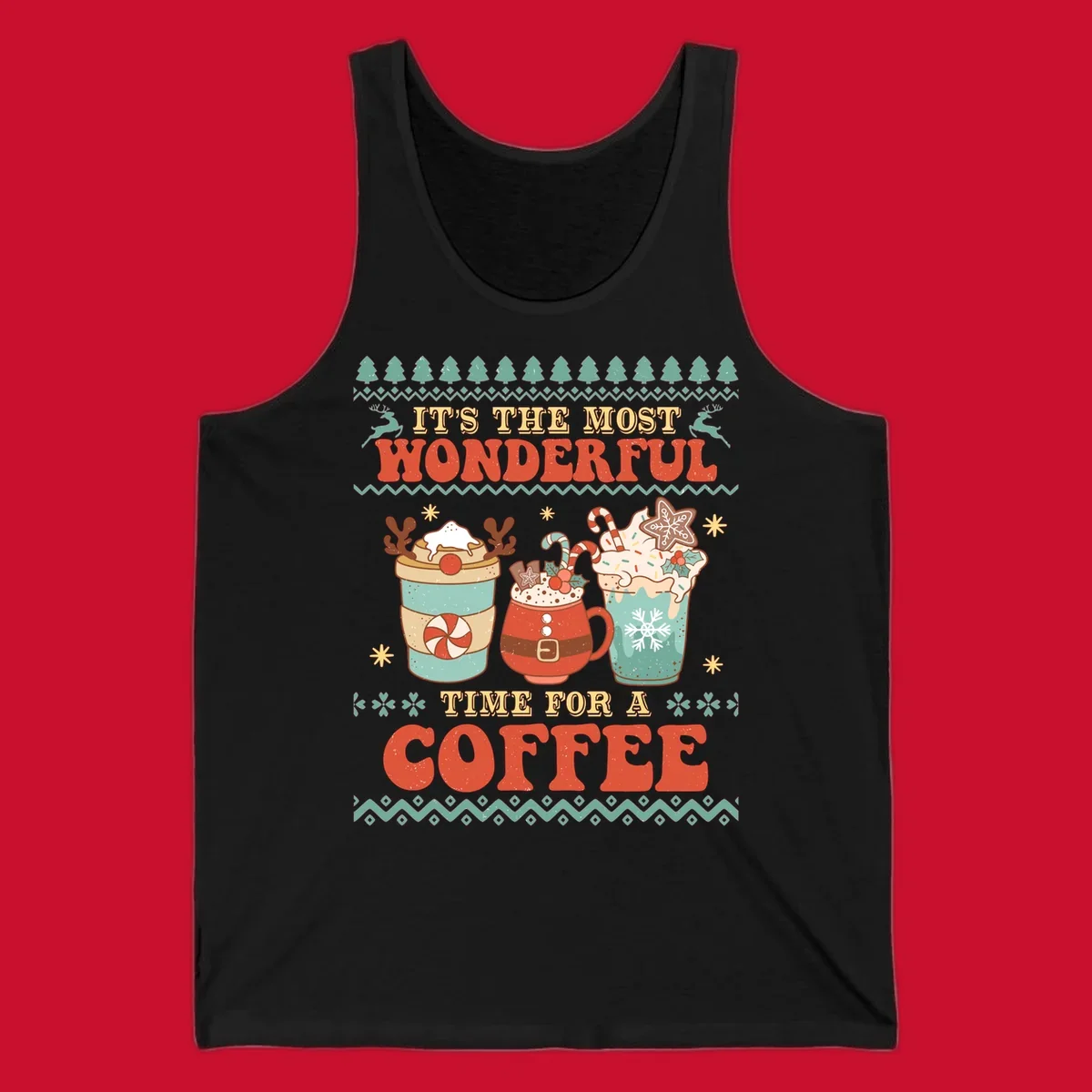 Christmas coffee time design with retro text and festive drinks. Holiday ugly sweater pattern.