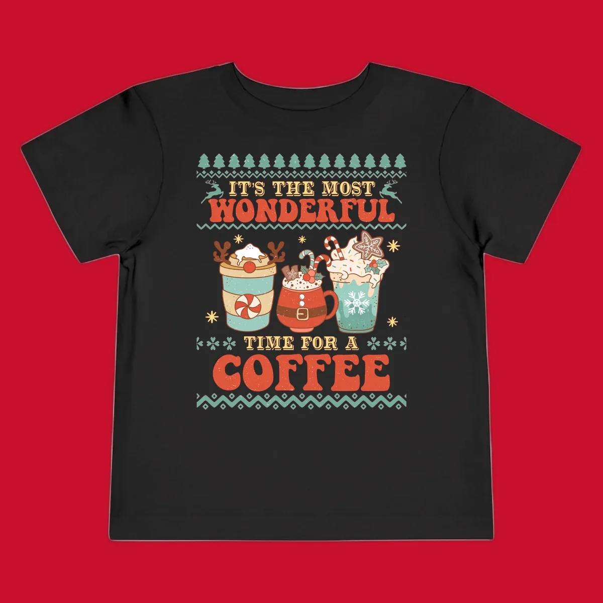 Christmas coffee time design with retro text and festive drinks. Holiday ugly sweater pattern.