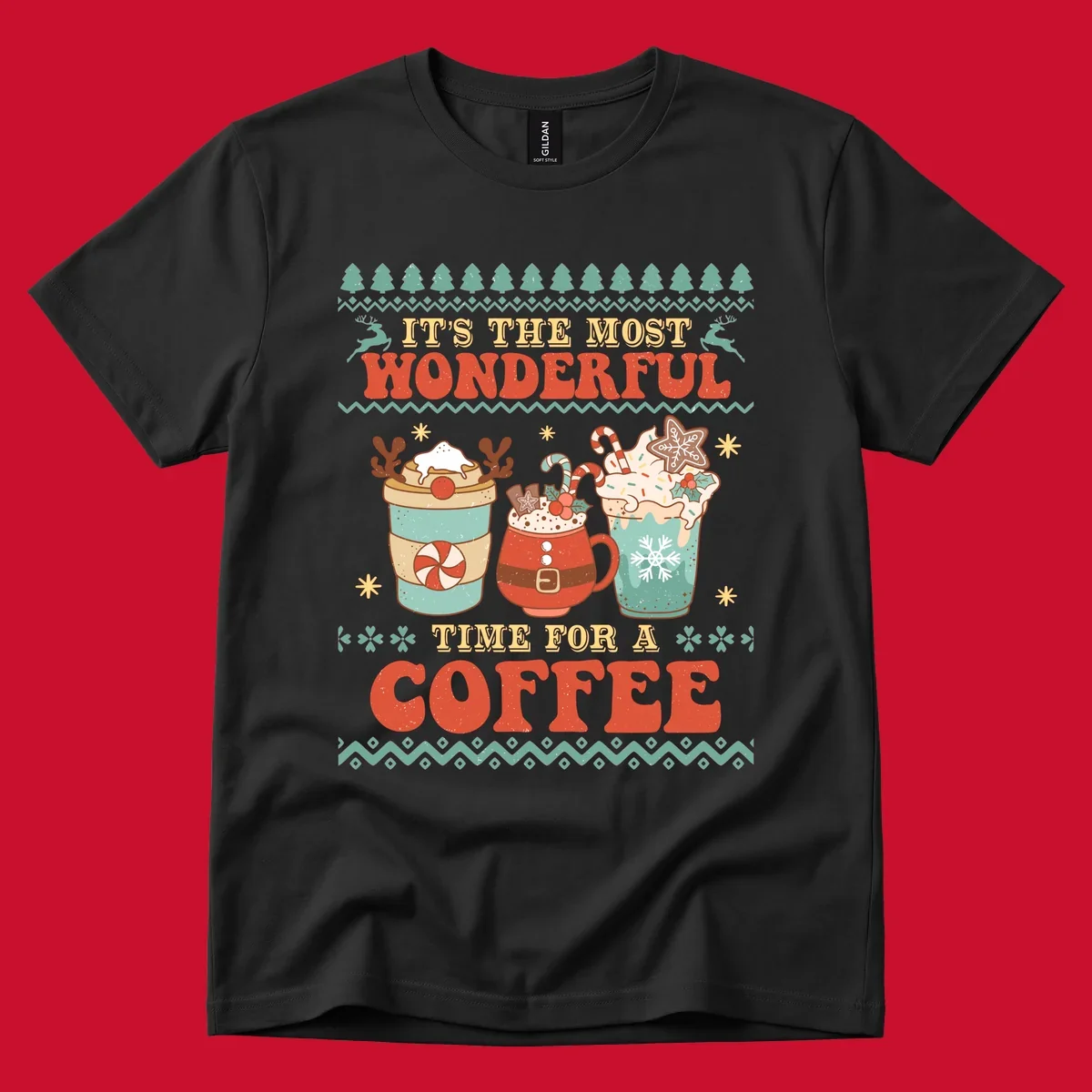 Christmas coffee time design with retro text and festive drinks. Holiday ugly sweater pattern.